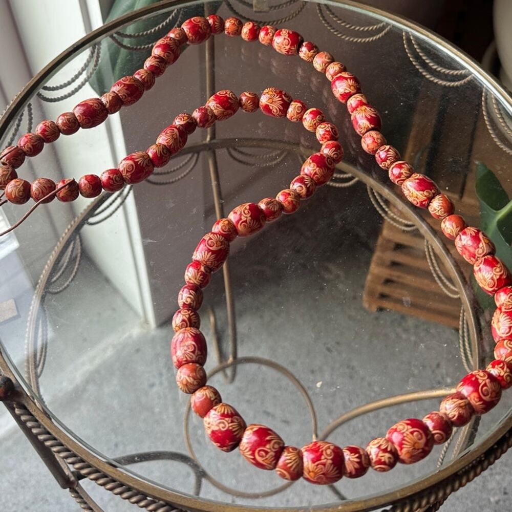 Vintage Red Wood Etched Beaded Necklace, Cinnabar 37" Inch Necklace